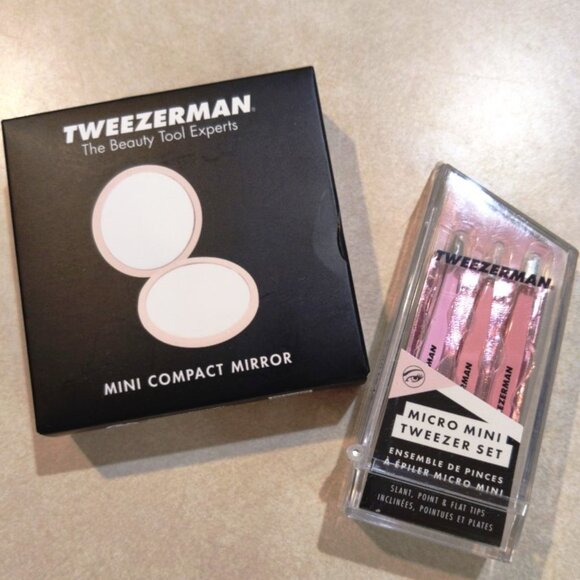 Tweezerman Micro Mini Tweezer Set of 3 w/Pouch and Compact Mirror, NWT